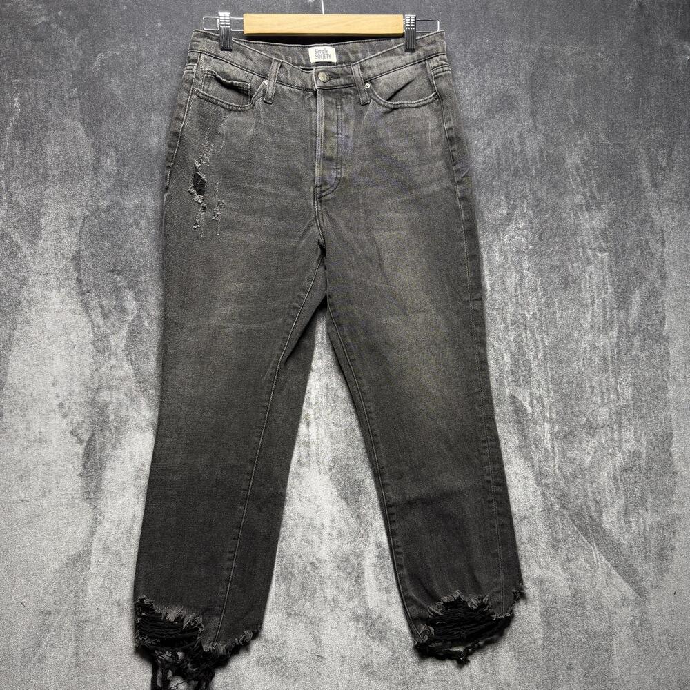 Simple Society Jeans Womens 29 Gray High Rise Mom Crop Distressed Fringe Denim